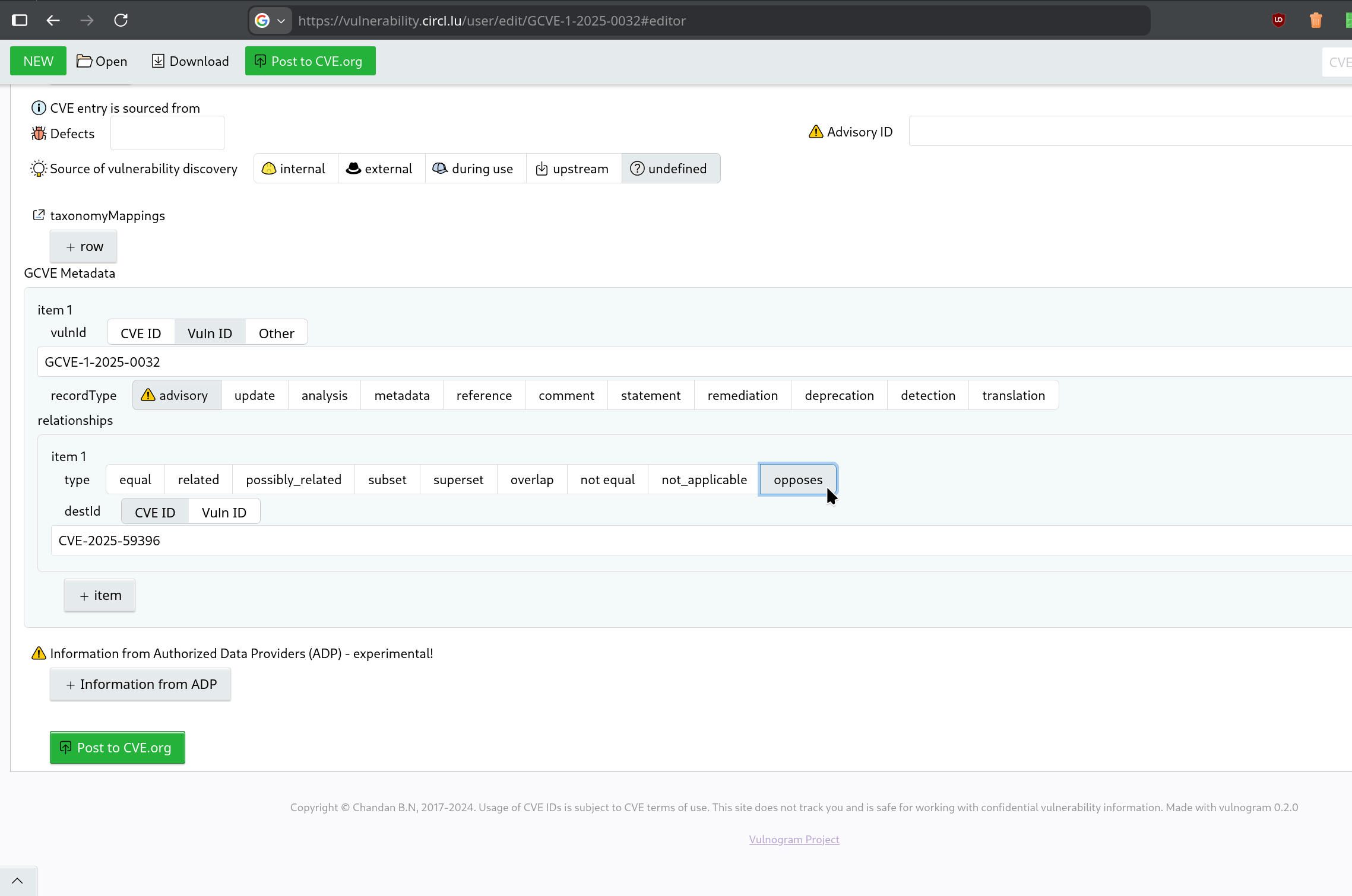 Edition relationships with Vulnogram user interface