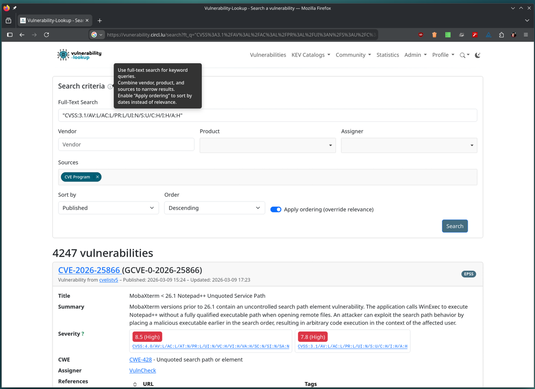 Full-text search by CVSS