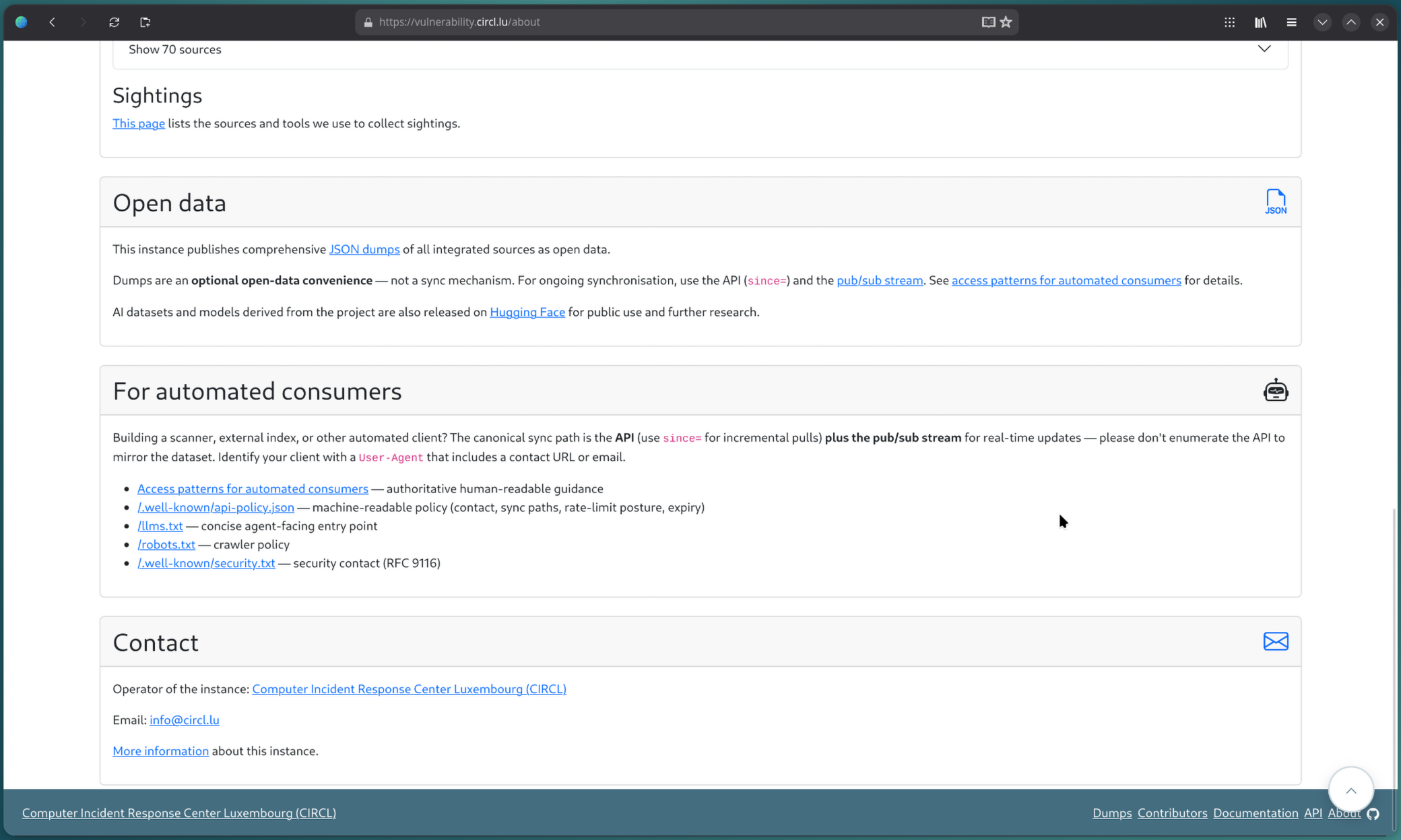 About page showing the new For Automated Consumers section, listing machine-readable access endpoints: api-policy.json, llms.txt, robots.txt, and security.txt