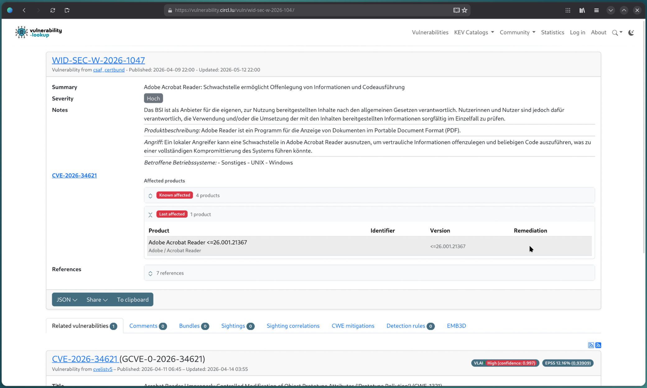 CSAF advisory detail page for WID-SEC-W-2026-1047 (Adobe Acrobat Reader), showing the new per-status Affected Products section with Known Affected and Last Affected groups, each listing product, identifier, version, and remediation columns