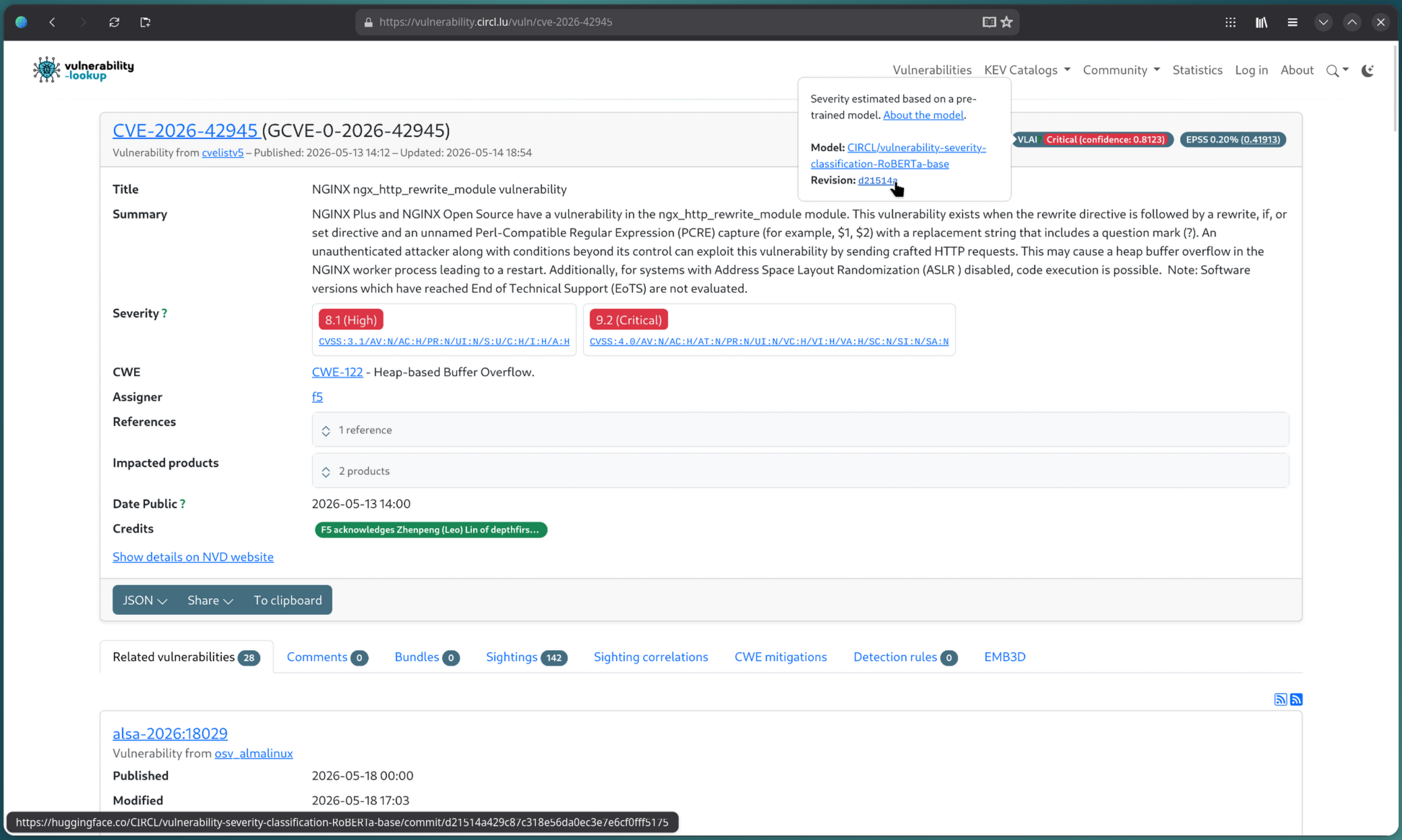 VLAI badge popover showing the AI model name and exact revision commit used for severity classification of a CVE