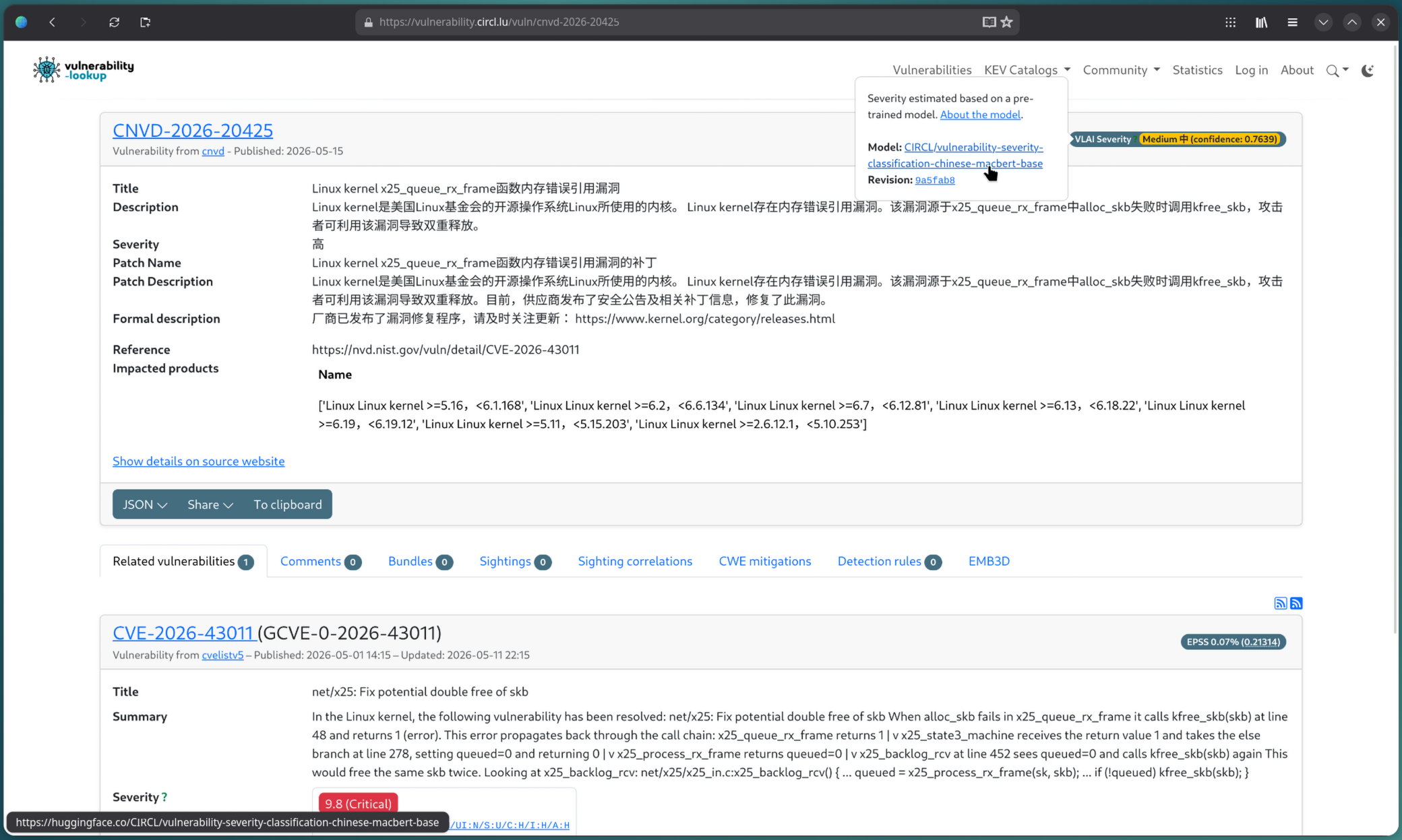 VLAI badge popover on a Chinese-language advisory, showing the MacBERT-based model name, revision hash, and a link to the HuggingFace model card
